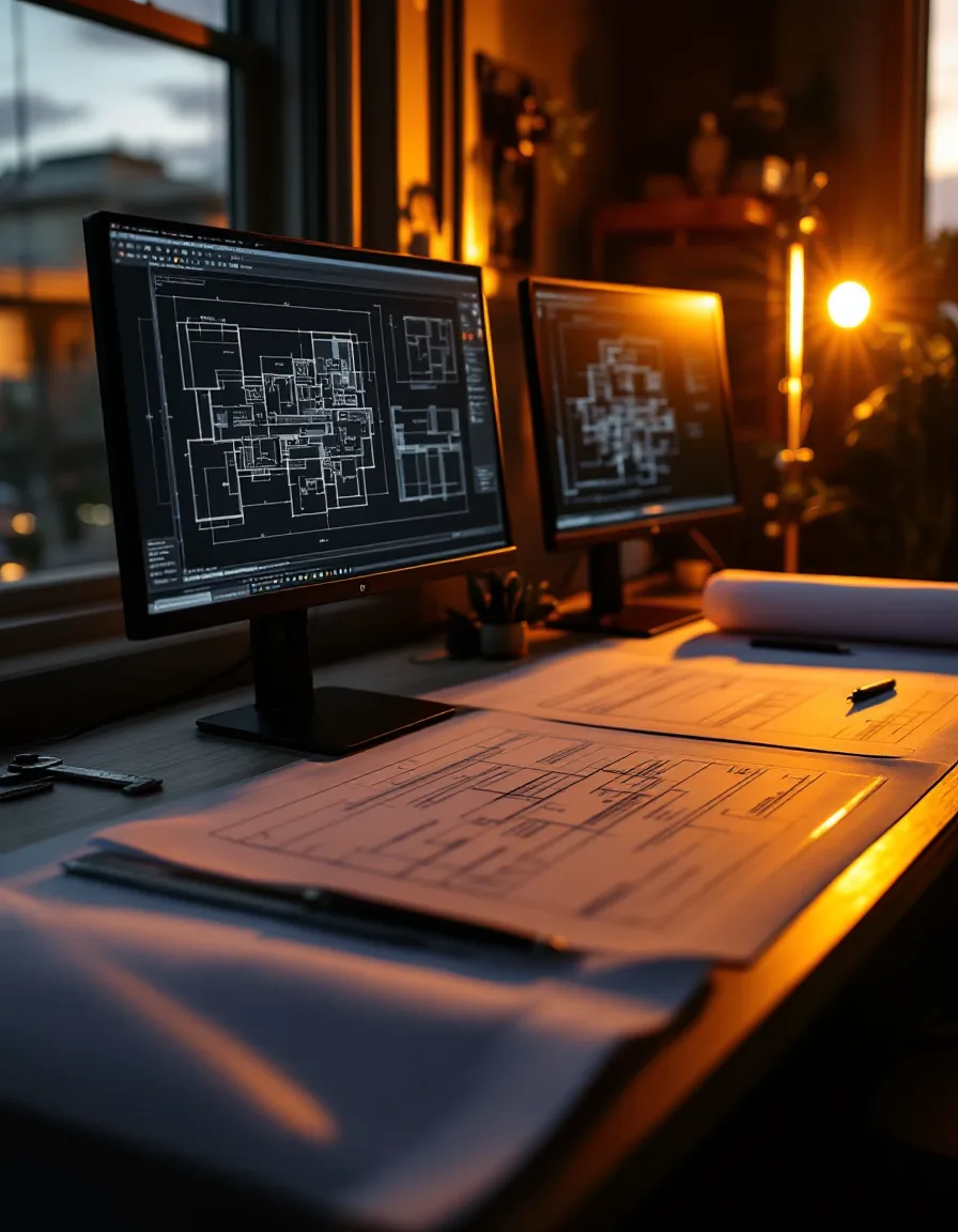 A drafting desk with CAD floor plans on screen and rolled drawings