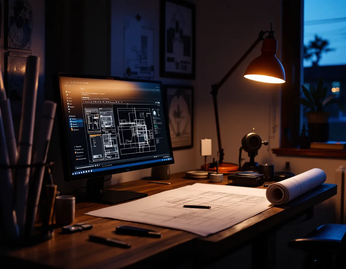 A CAD drafting workspace at dusk with structural detail sheets on screen